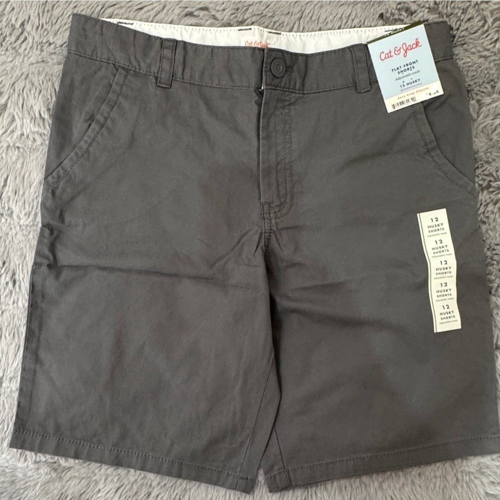Cat & Jack Boys Gray Flat Front Chino Shorts Size 12 Husky Adjustable Waist NWT
